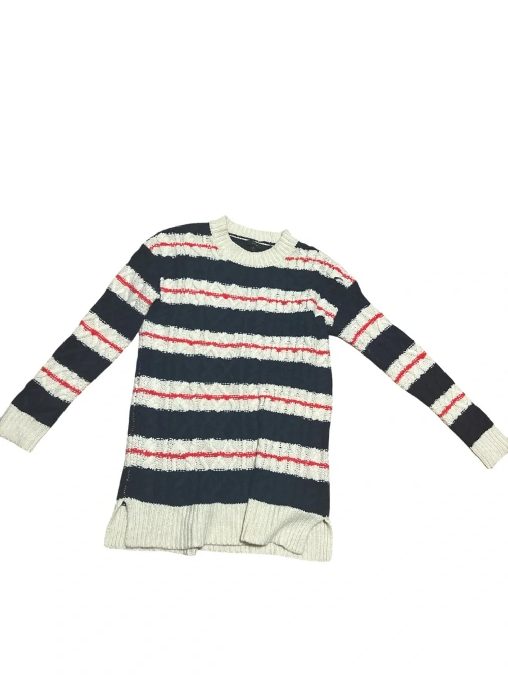 J.Crew Striped Cable Knit Nautical Tunic Sweater Navy Cream Red Small Merino